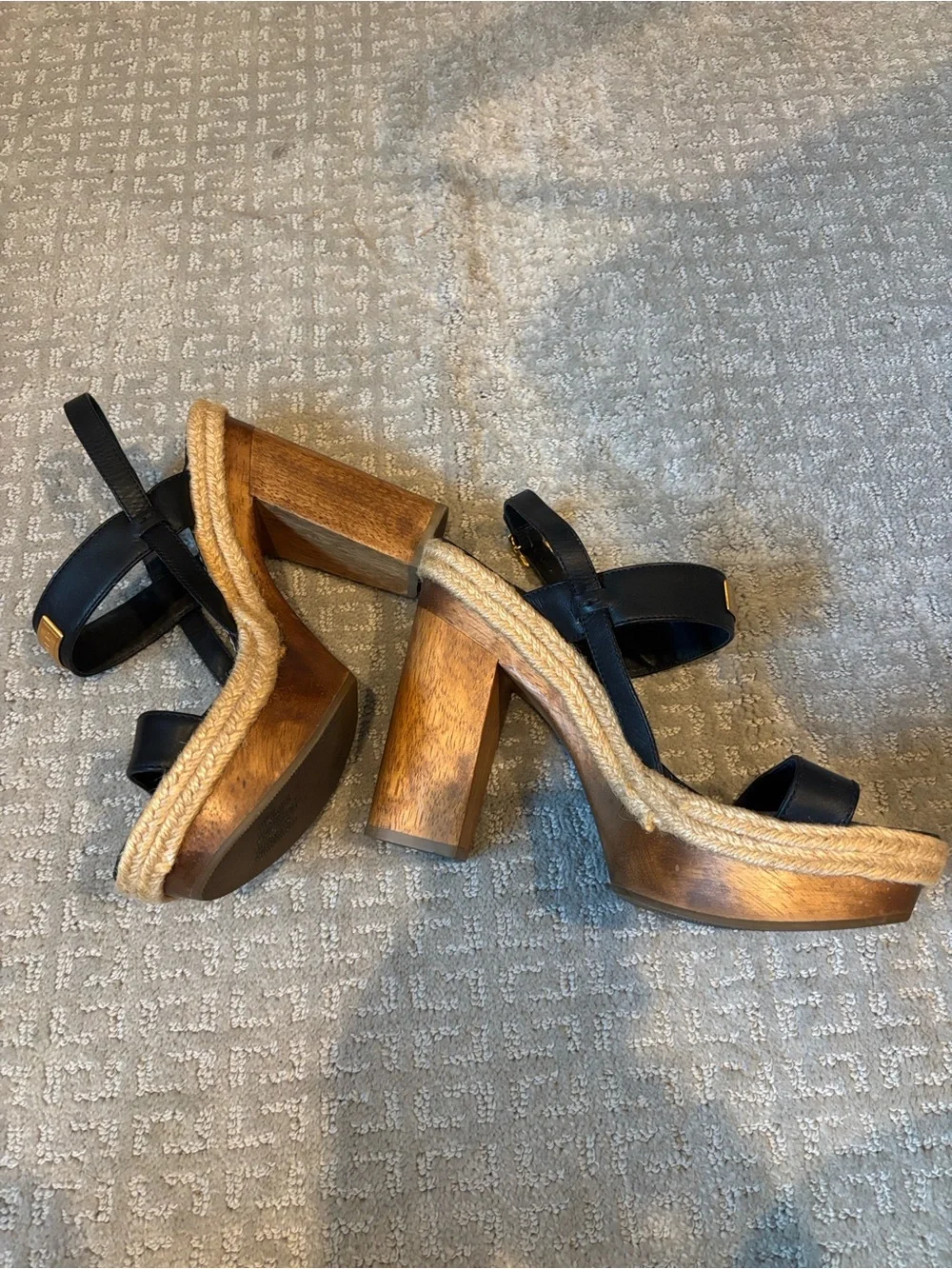 HUNTER Gonave Leather and Wood Block Heel Platform Espadrille Sandals, 9 GUC